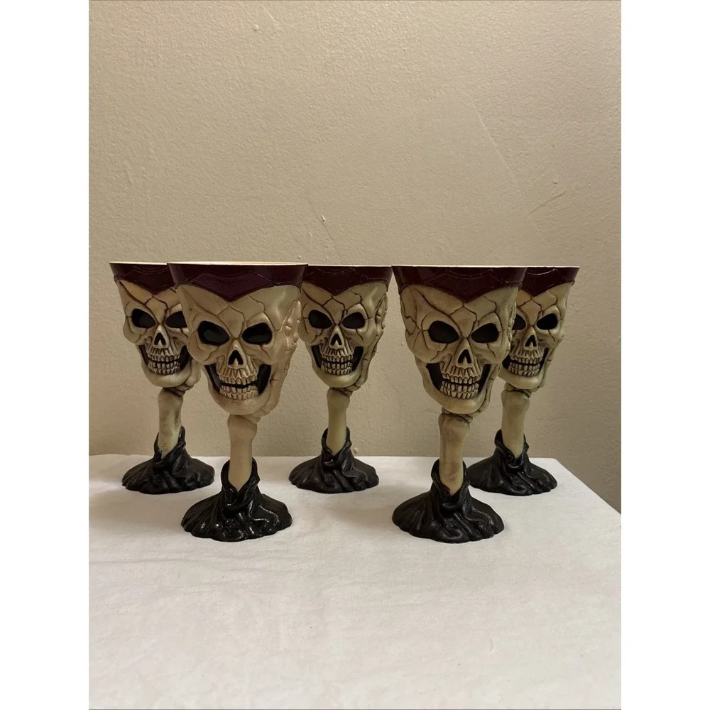 Halloween Skeleton Skull Plastic Spooky Scary Goblets Wine Glasses Set of 5